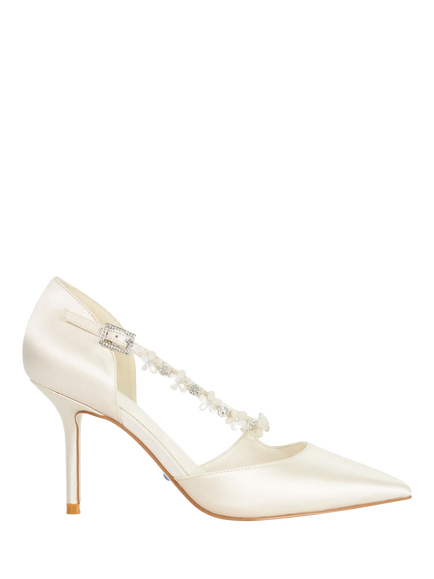 Dune London Declaration Satin Bridal Pointed T-Bar Court Shoes, Ivory, Ivory