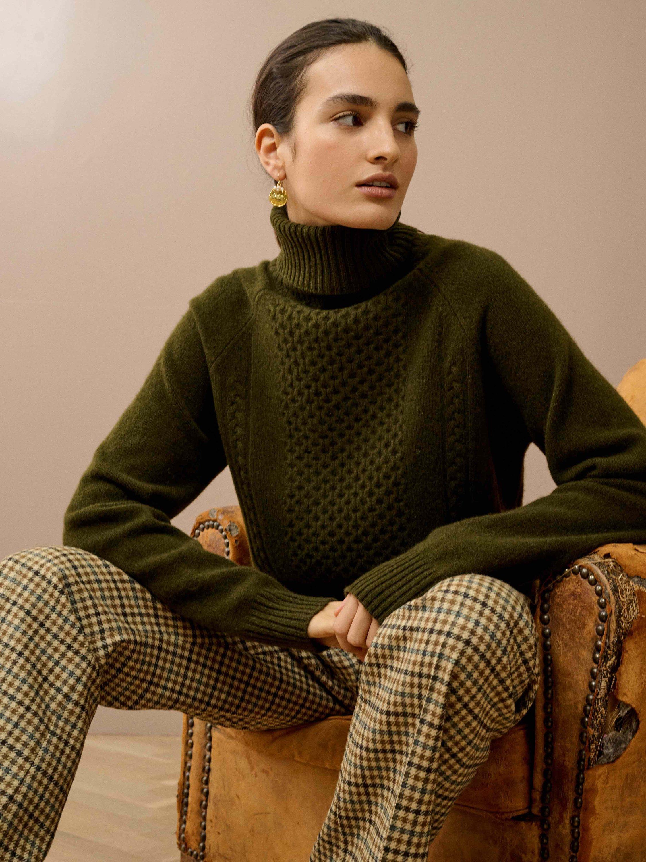 Product image 2 of 5, which shows Brora Clodagh Cable Detail Pure Wool Jumper, Cardamom, 8
