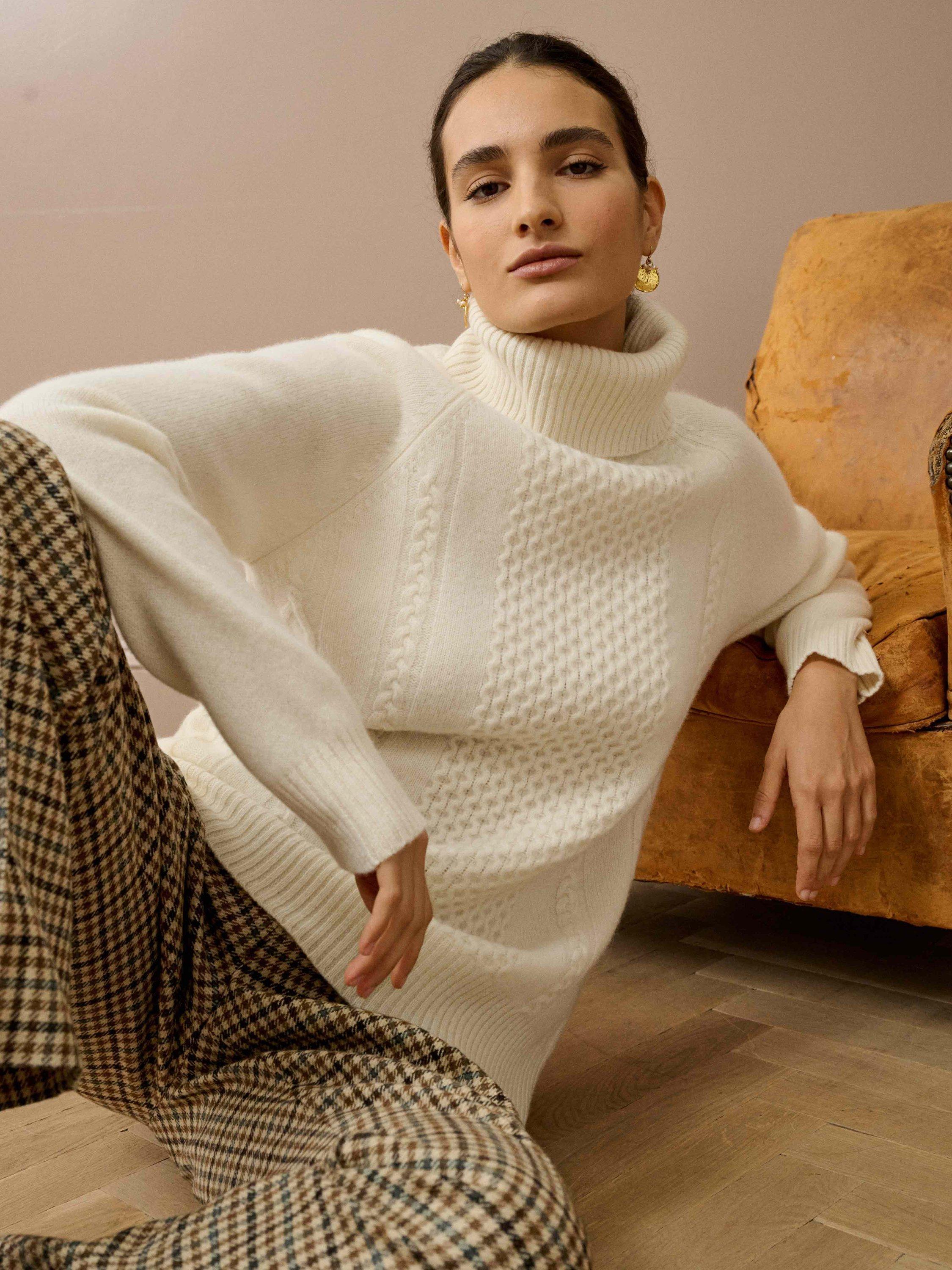 Product image 2 of 5, which shows Brora Clodagh Cable Detail Pure Wool Jumper, Marshmallow, 8