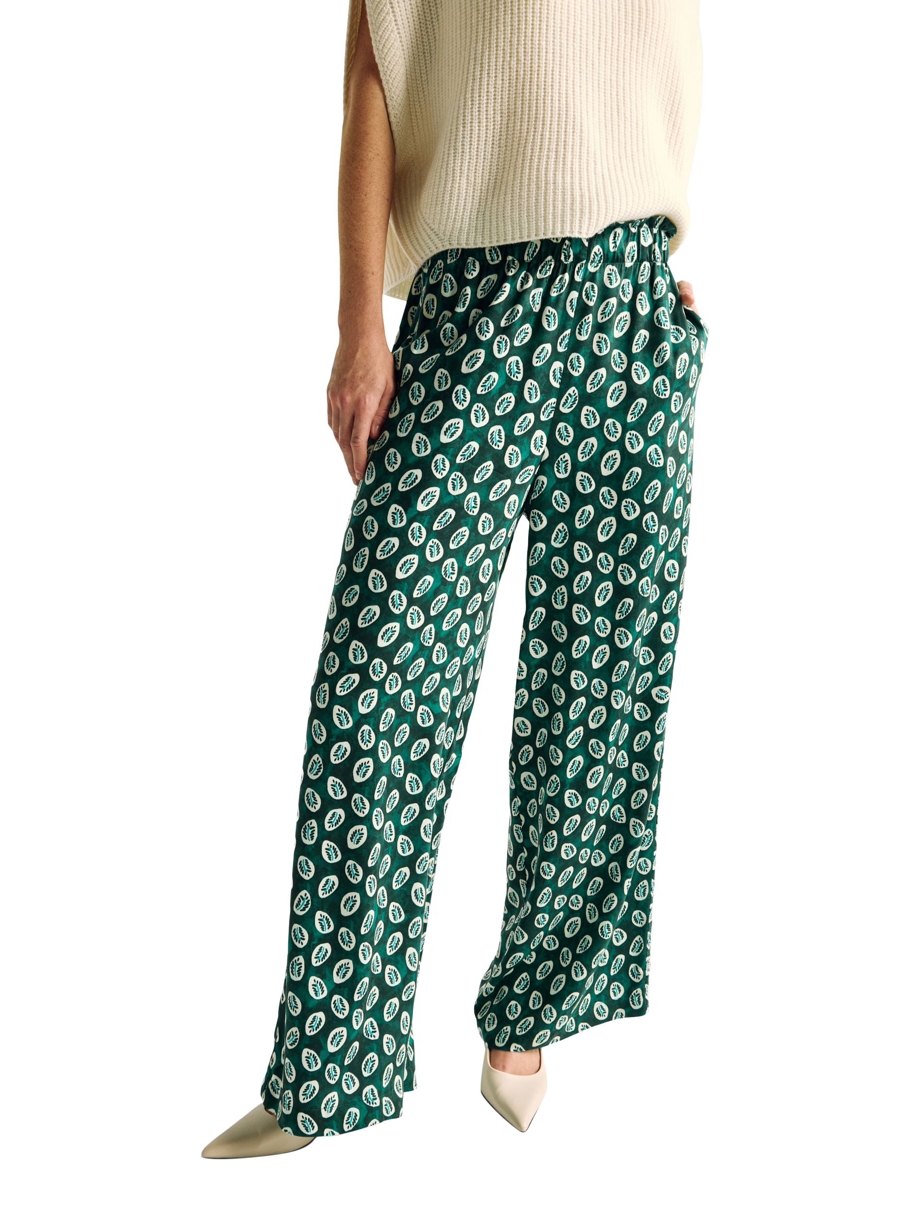 Product image 1 of 5, which shows Benetton Abstract Ankle Fit Trousers, Green, XS