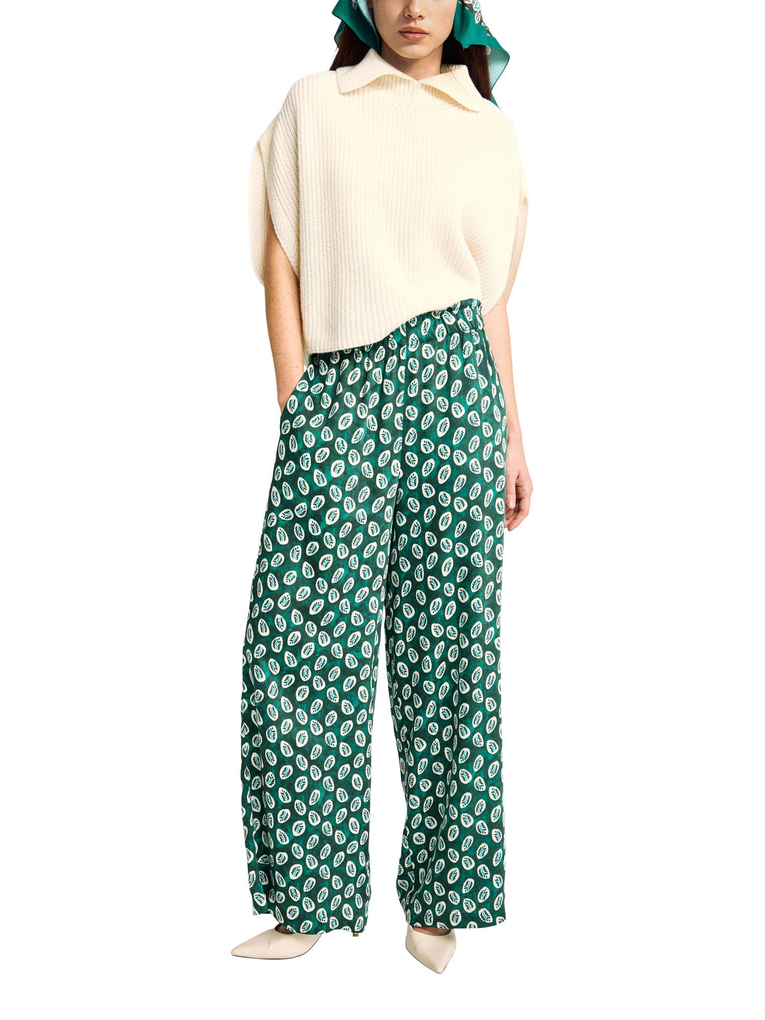 Product image 3 of 5, which shows Benetton Abstract Ankle Fit Trousers, Green, XS