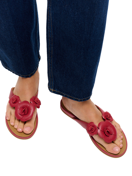 FitFlop Gracie Flower Leather Flip Flops, Burnt Berry - view 2, Burnt Berry