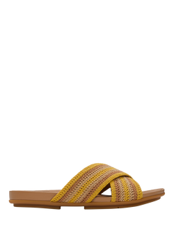 FitFlop Gracie Stripe-Webbing Cross Slider Sandals, Turmeric/Tan, Turmeric/Tan