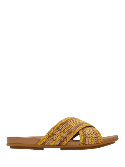 FitFlop Gracie Stripe-Webbing Cross Slider Sandals, Turmeric/Tan, Turmeric/Tan