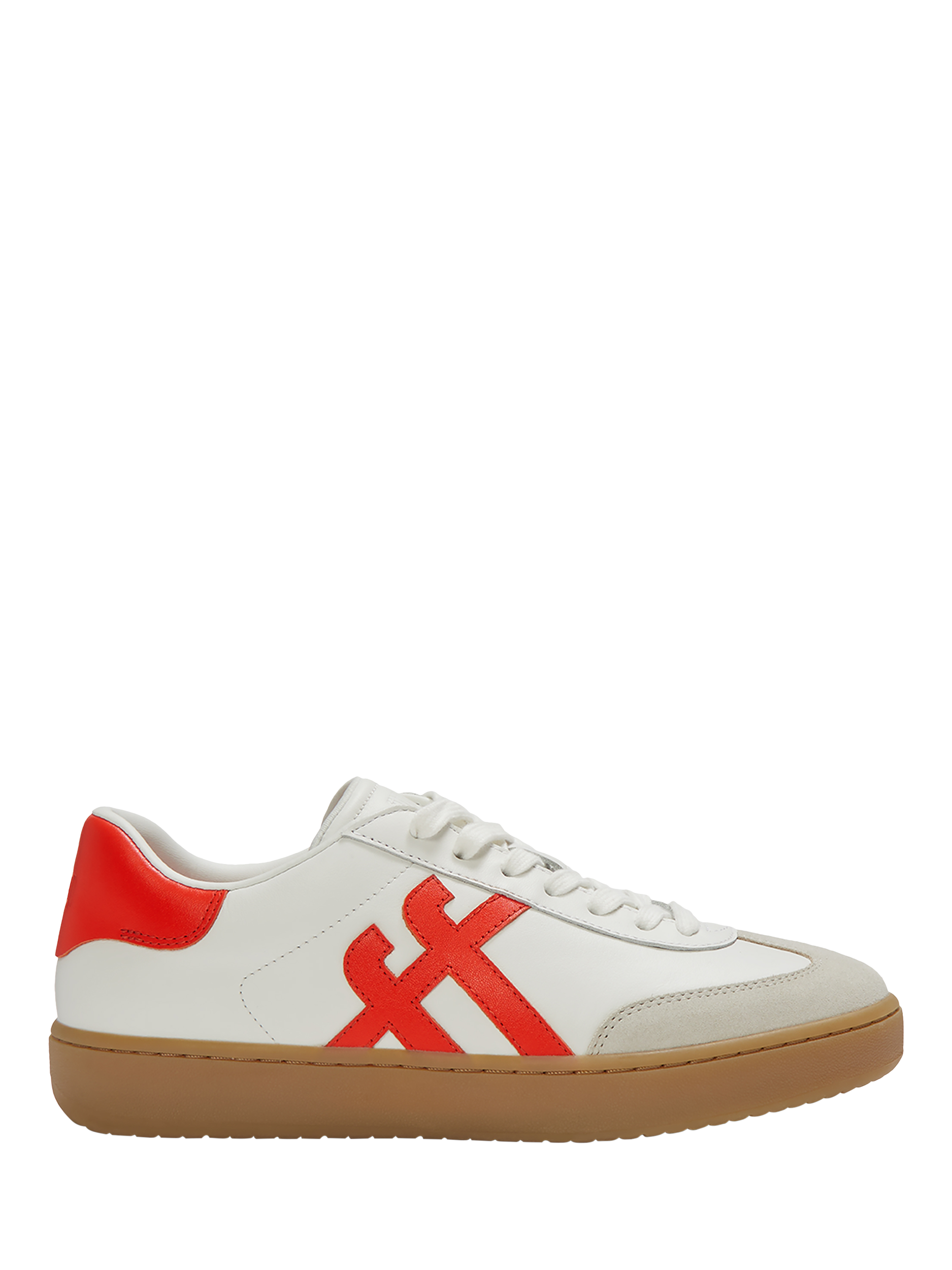 Product image 1 of 4, which shows FitFlop The Dash T-Toe Leather Blend Trainers, White/Red, 3