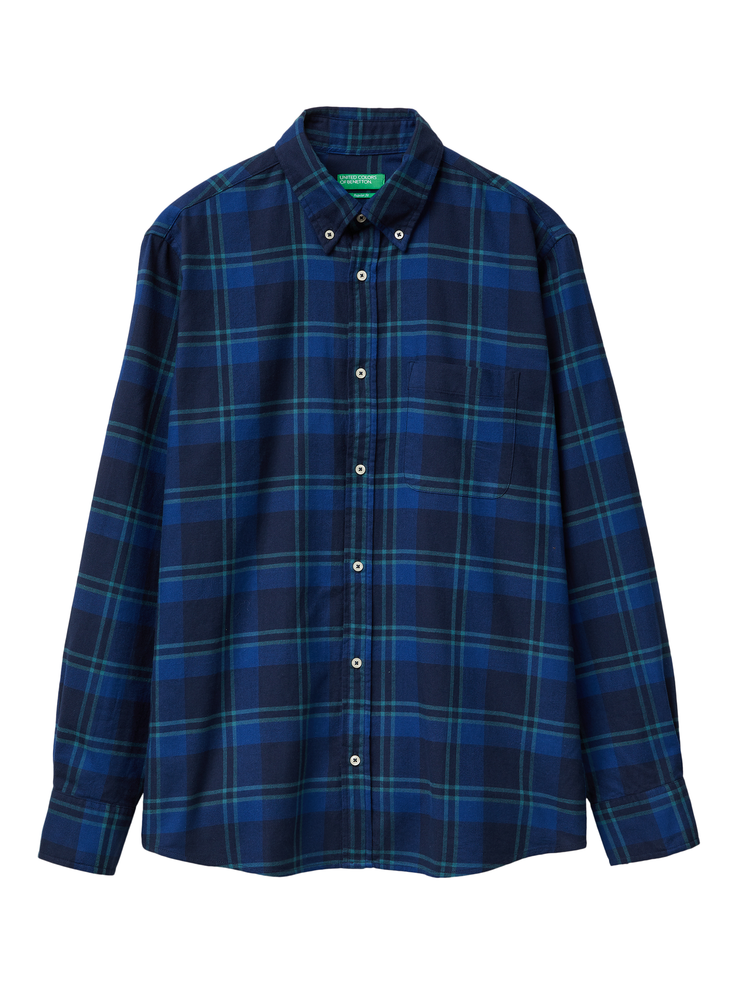 Product image 1 of 3, which shows Benetton Cotton Regular Fit Check Flannel Shirt, Blue, XXL