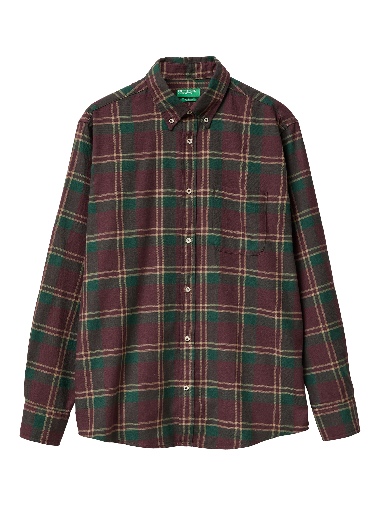 Product image 1 of 3, which shows Benetton Cotton Regular Fit Check Flannel Shirt, Brown, S