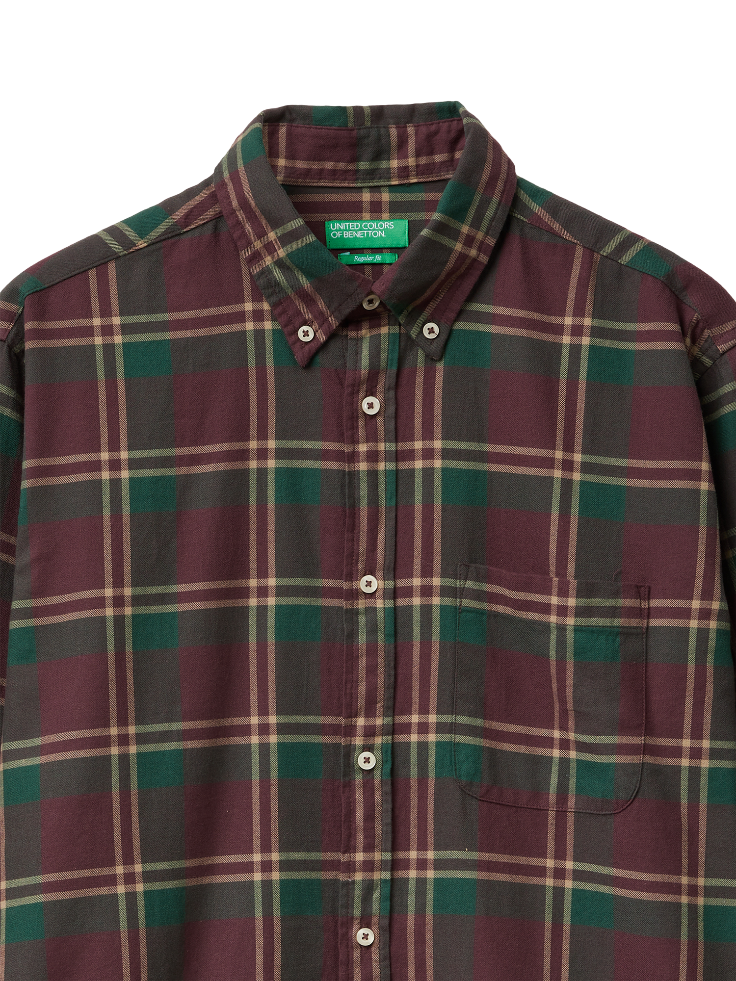 Product image 3 of 3, which shows Benetton Cotton Regular Fit Check Flannel Shirt, Brown, S