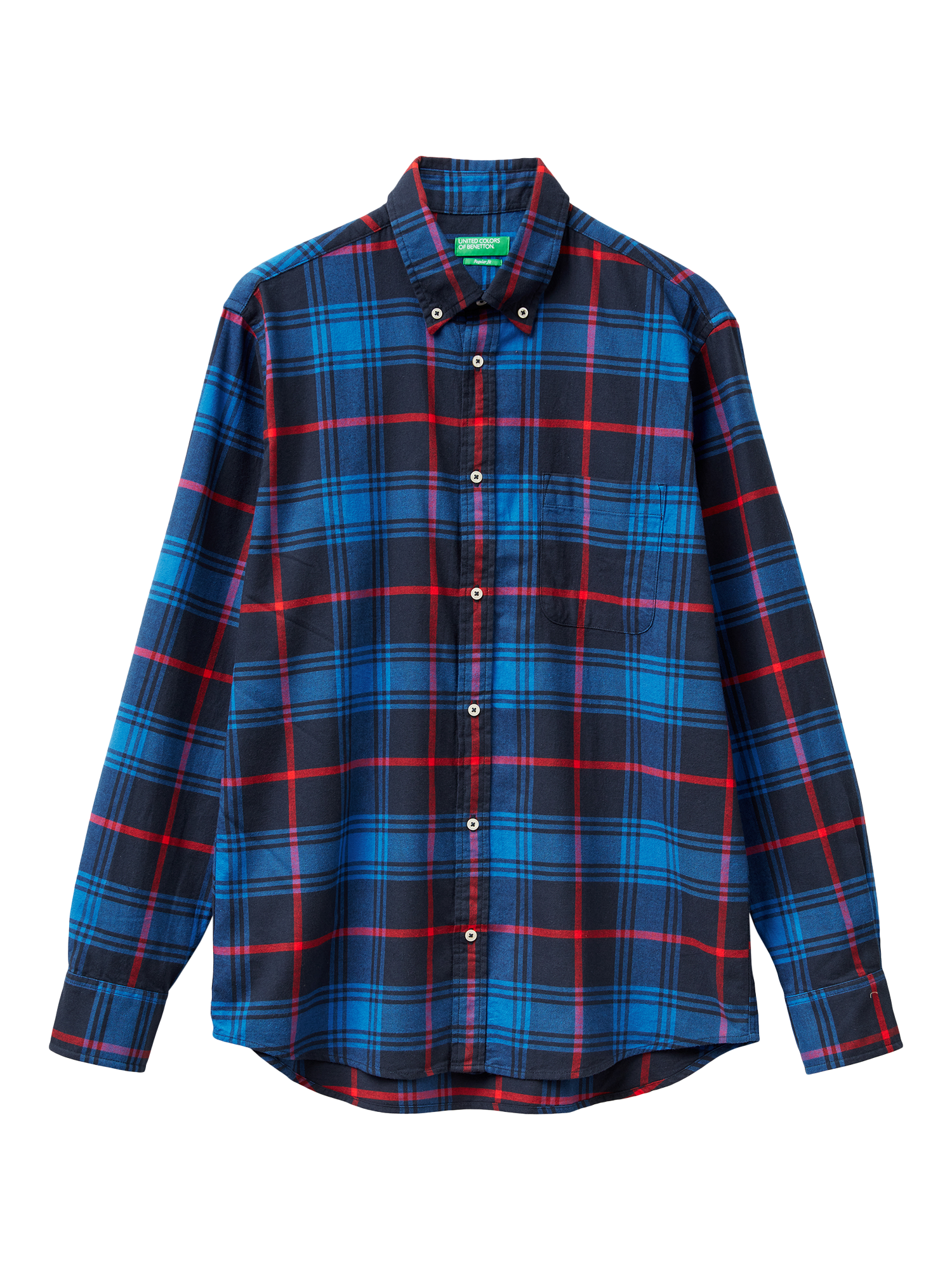 Product image 1 of 3, which shows Benetton Cotton Regular Fit Check Flannel Shirt, Blue, L