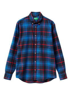 Benetton Cotton Regular Fit Check Flannel Shirt, Blue, Blue