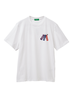 Benetton Cotton Regular Fit Short Sleeve Safety Pin Graphic T-Shirt, White