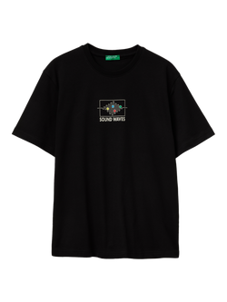 Benetton Cotton Regular Fit Discover The New Sound Graphic T-Shirt, Black, Black