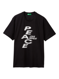 Benetton Cotton Regular Fit Peace Graphic T-Shirt, Black, Black