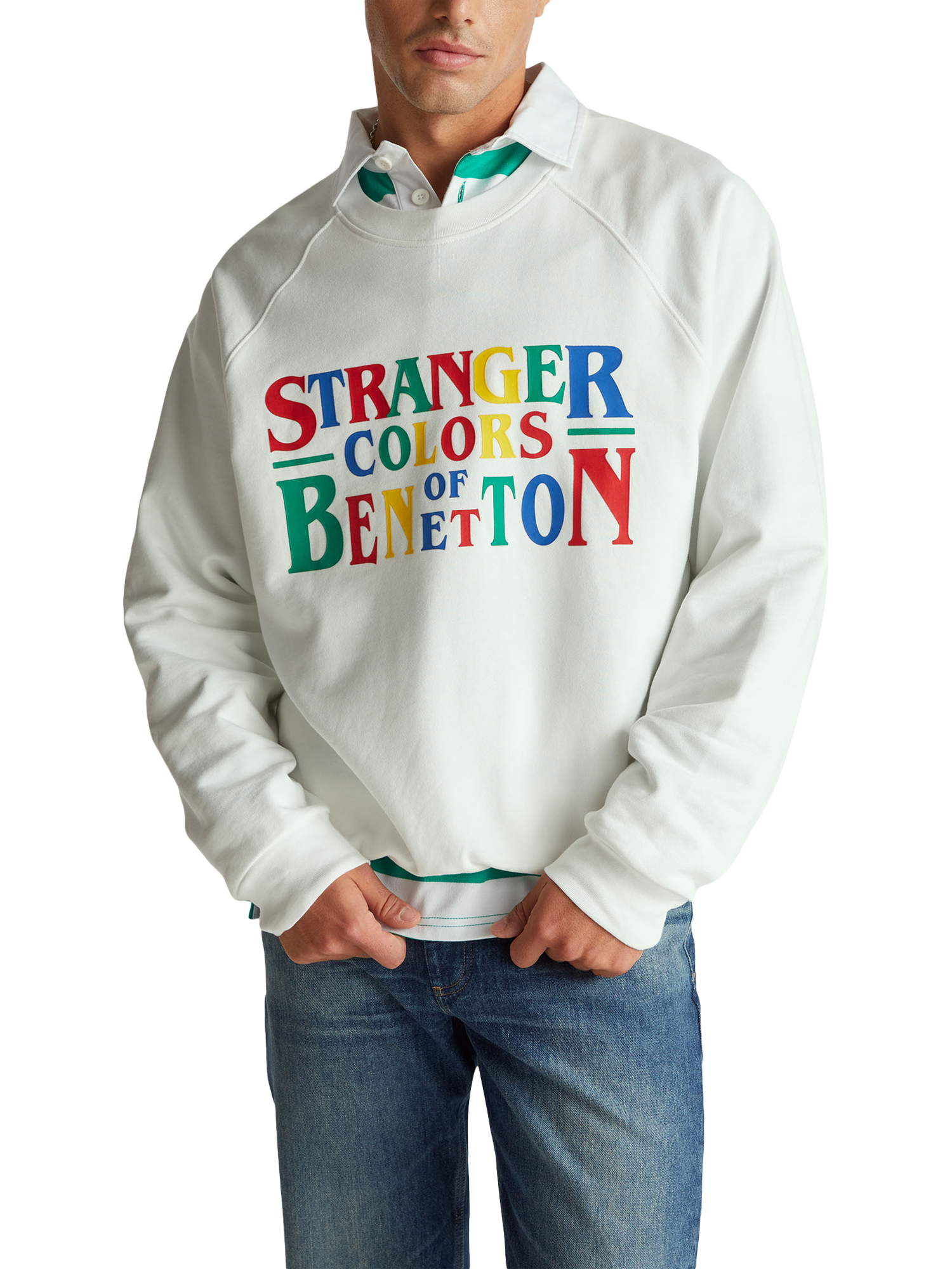 Product image 1 of 6, which shows Benetton X Stranger Things Graphic Sweatshirt, White, XS