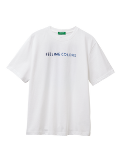 Benetton Cotton Regular Fit Short Sleeve Printed Graphic T-Shirt, White, White