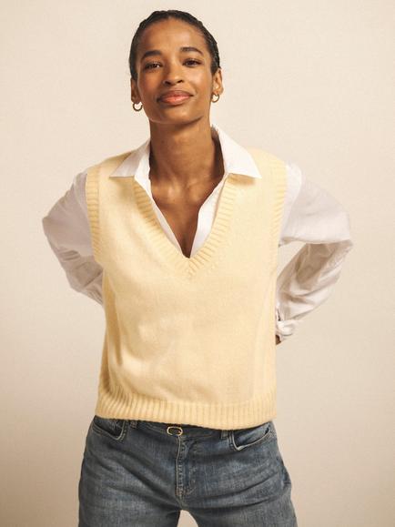 NRBY Vee V-Neck Pure Cashmere Tank Top, Buttermilk Yellow
