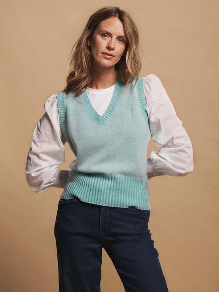 NRBY Vee V-Neck Pure Cashmere Tank Top, Aqua