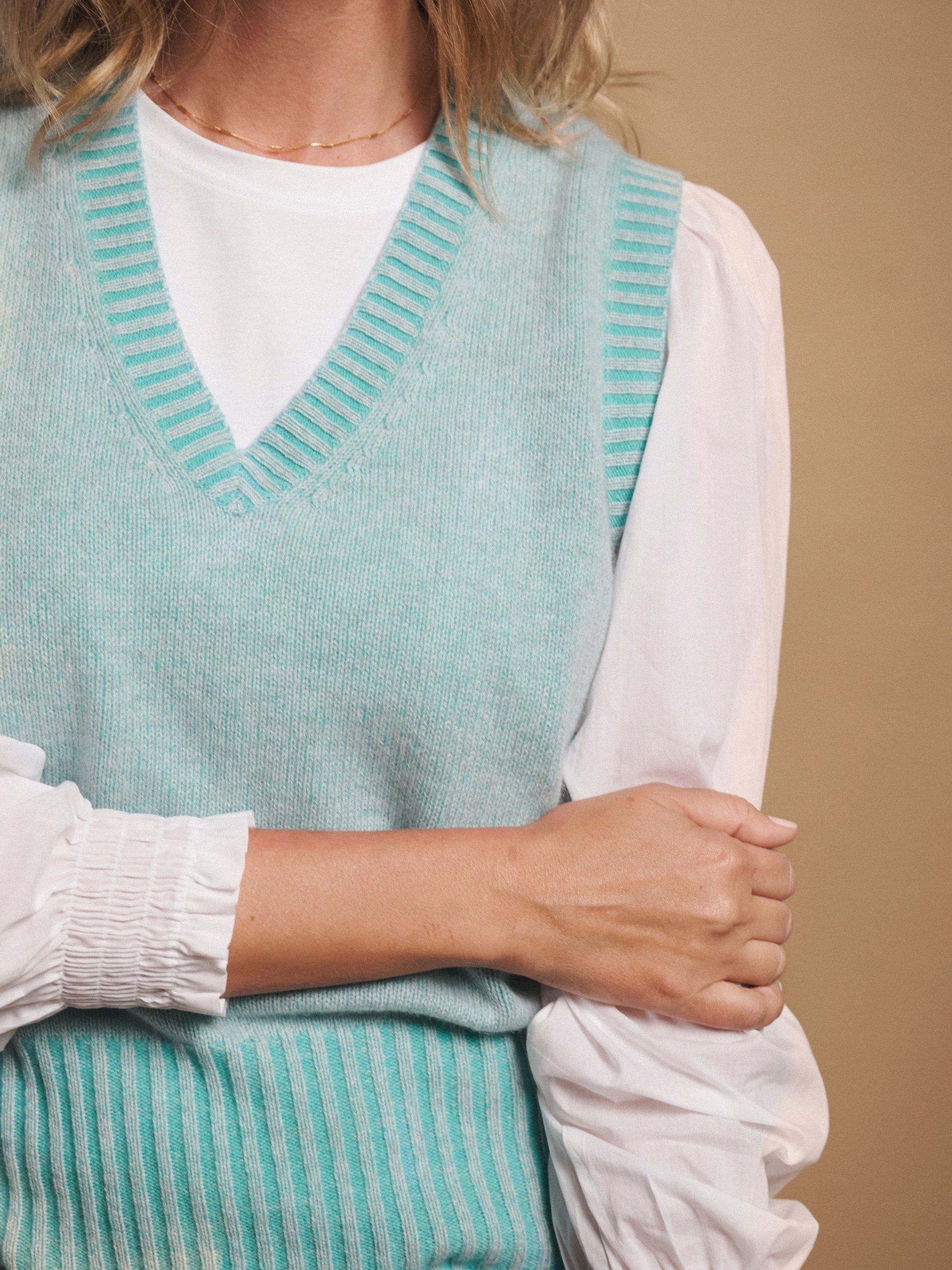 Product image 5 of 7, which shows NRBY Vee V-Neck Pure Cashmere Tank Top, Aqua, S