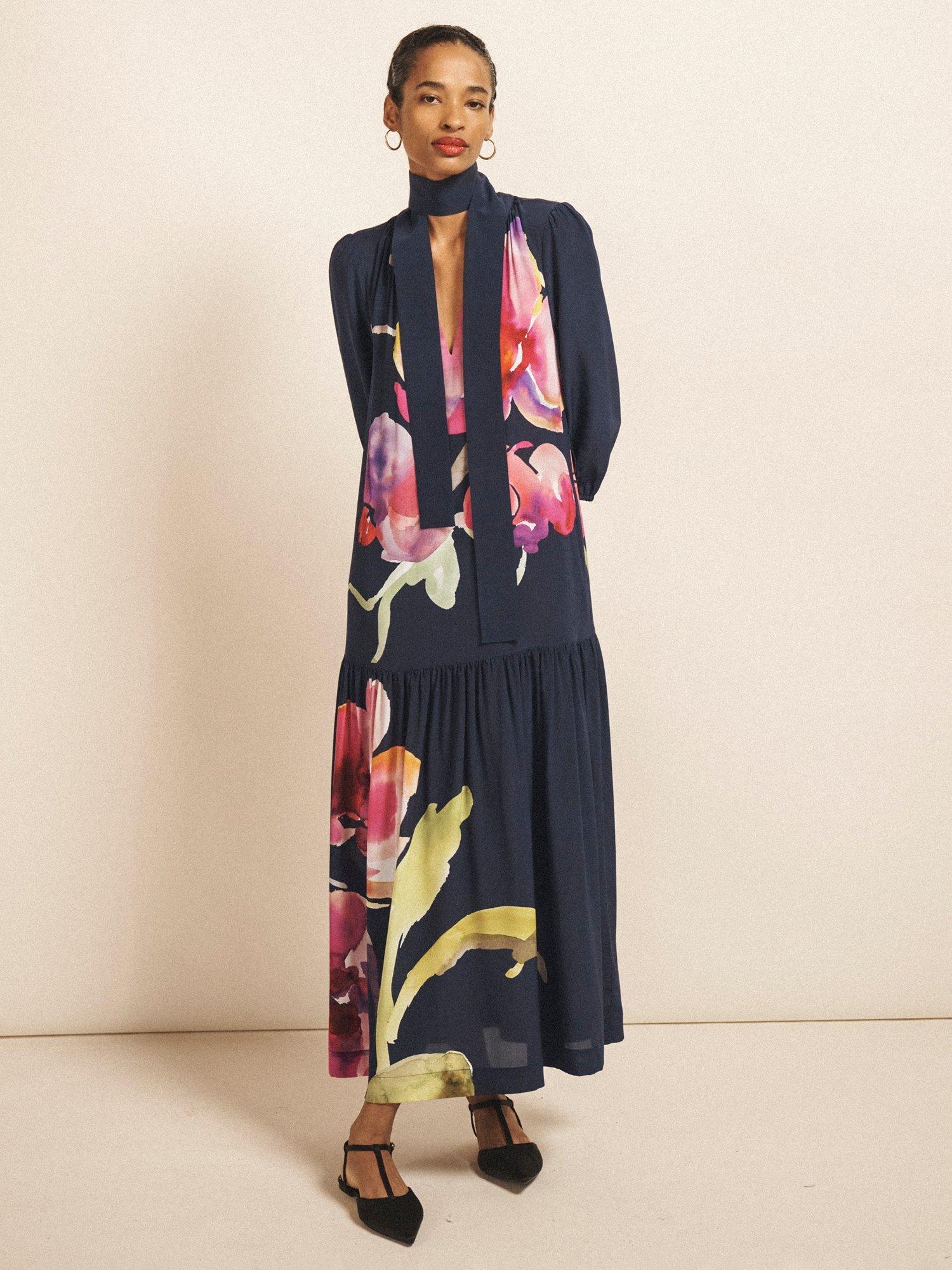 Product image 1 of 10, which shows NRBY Ashlyn Floral Pure Silk Dress, Multi, XS