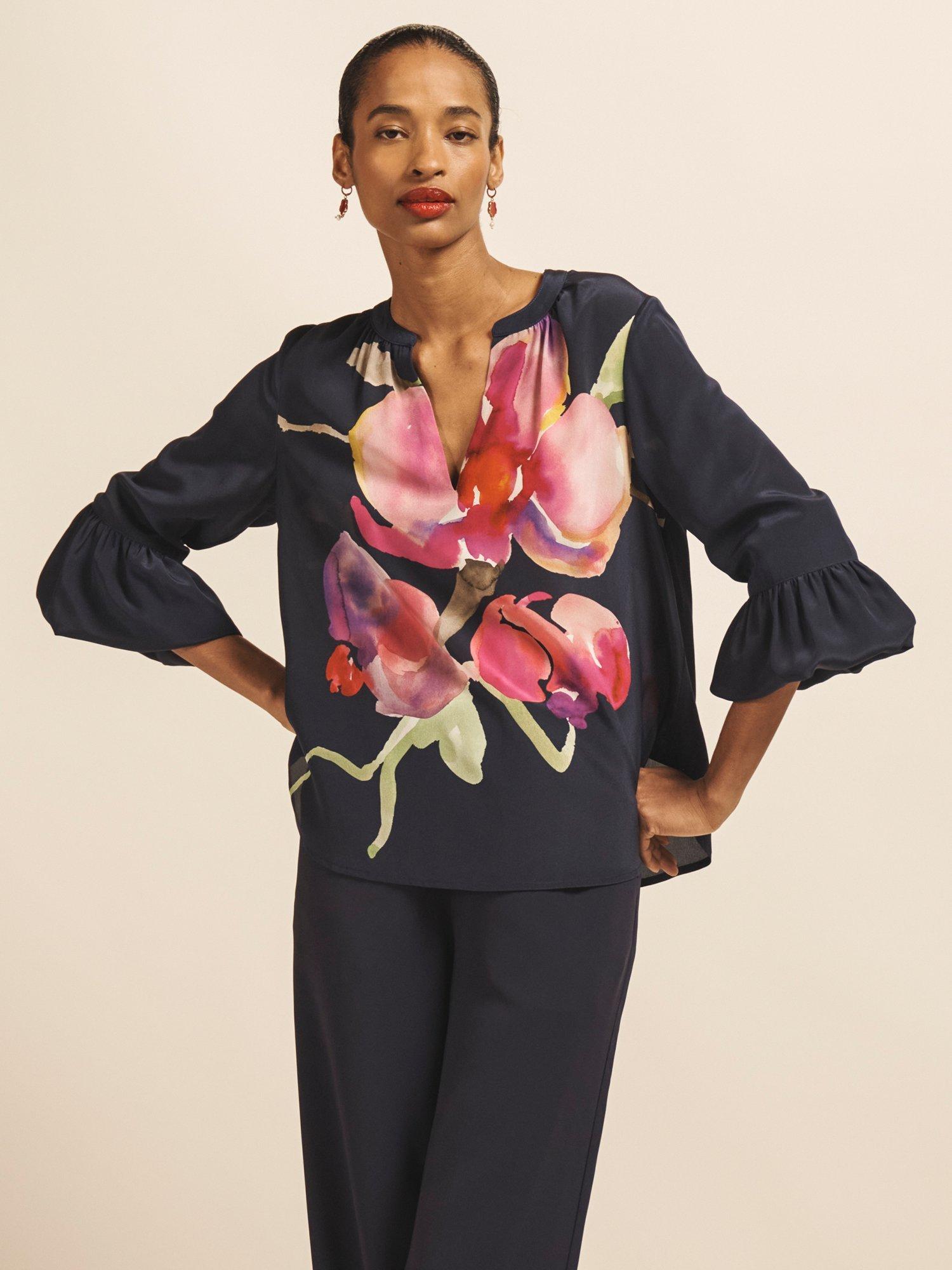 Product image 1 of 7, which shows NRBY Oleta Floral Pure Silk Top, Multi, XS