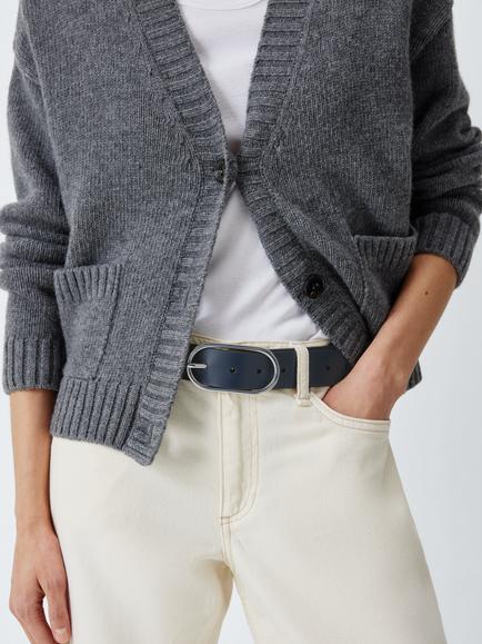 John Lewis Leather Oval Buckle Belt, Navy/Silver - view 2, Navy/Silver