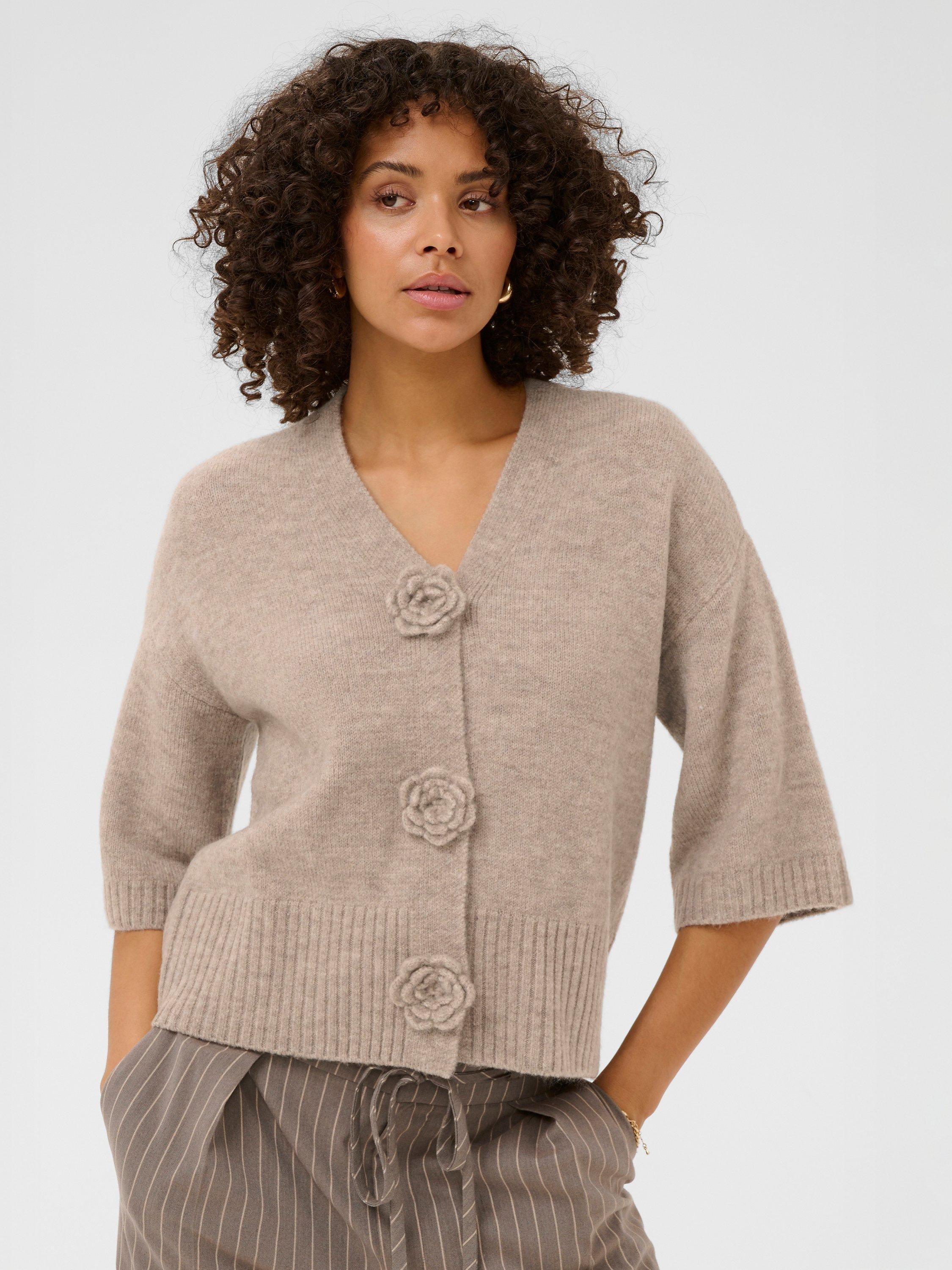 Product image 1 of 6, which shows KAFFE Rosie Flowers Cardigan, Greige, XS
