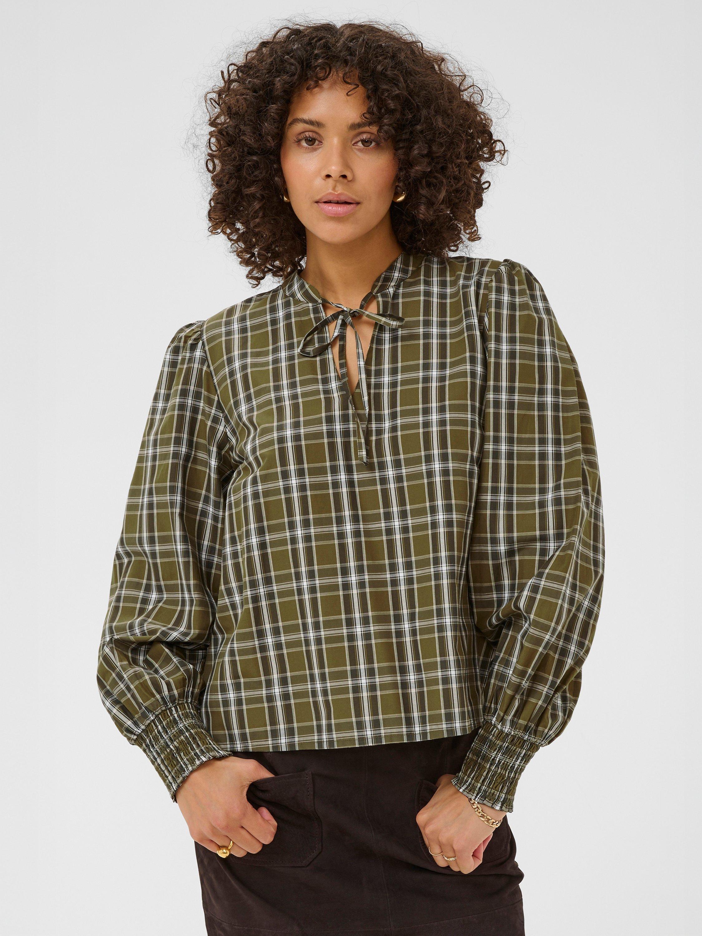 Product image 1 of 6, which shows KAFFE Chris Check Tie Neck Top, Green, 8