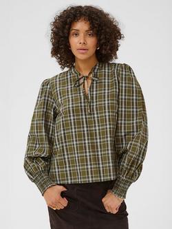 KAFFE Chris Check Tie Neck Top, Green, Green