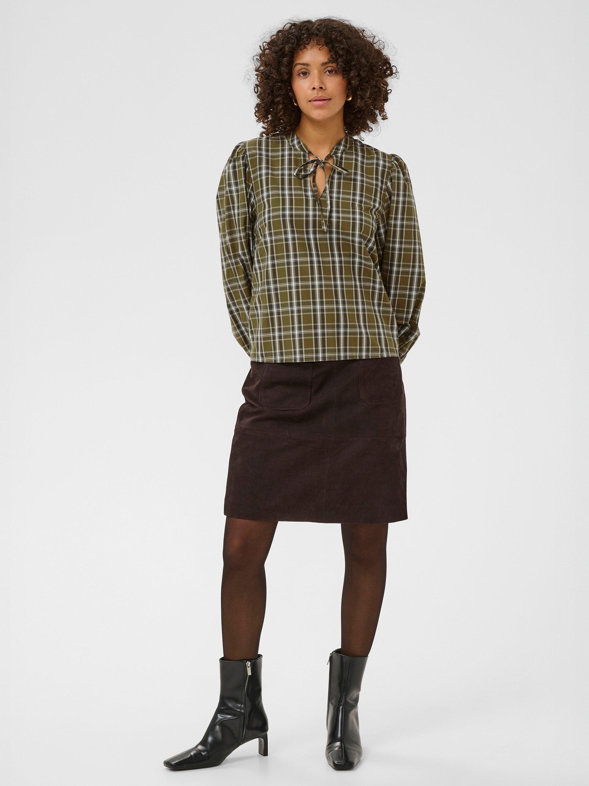Product image 3 of 6, which shows KAFFE Chris Check Tie Neck Top, Green, 8