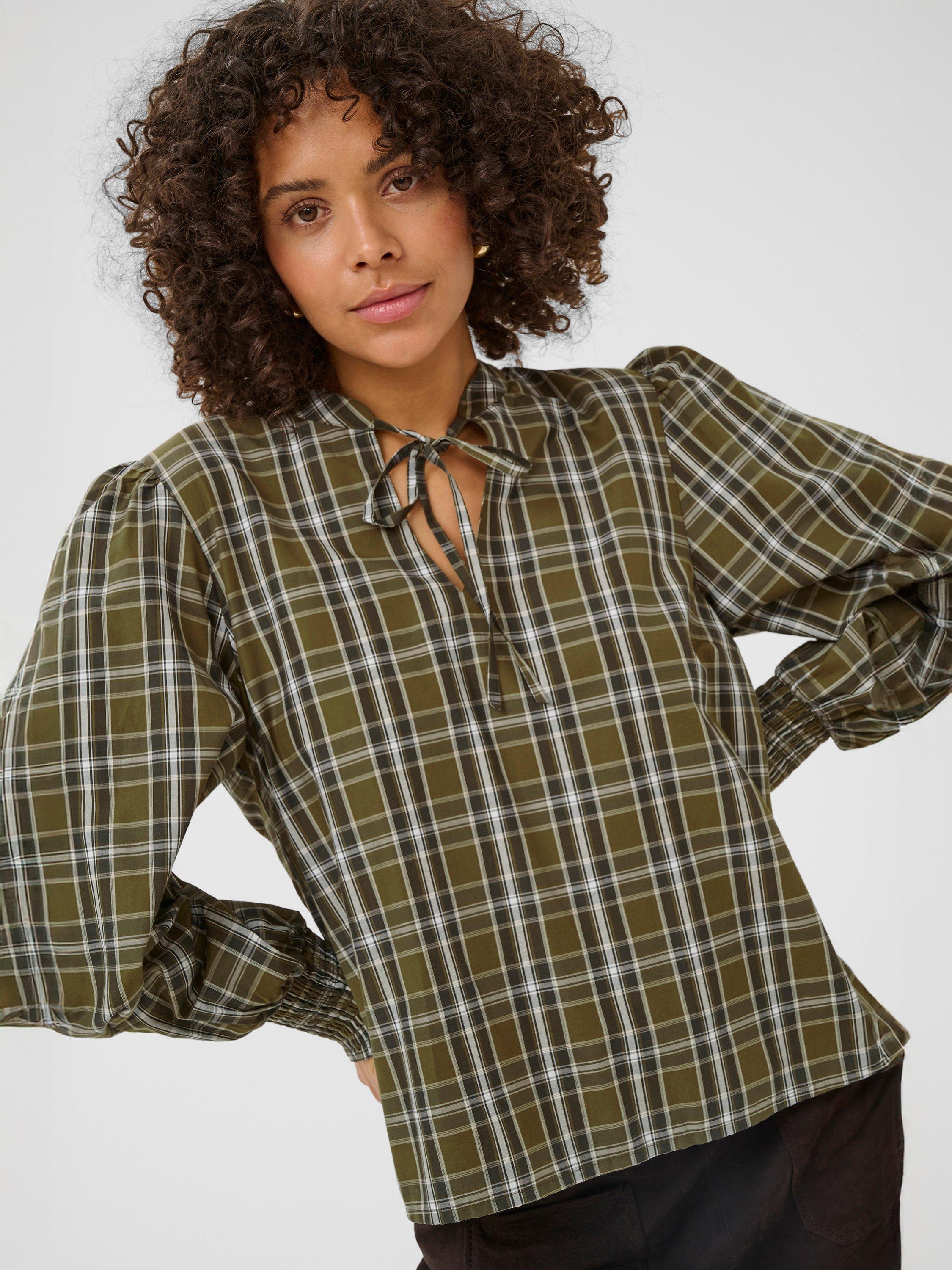 Product image 4 of 6, which shows KAFFE Chris Check Tie Neck Top, Green, 8