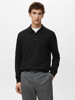 Mango Willys Wool Regular Fit Long Sleeve Polo Shirt, Black, Black