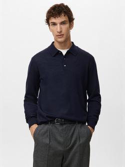 Mango Willys Wool Regular Fit Long Sleeve Polo Shirt, Navy, Navy