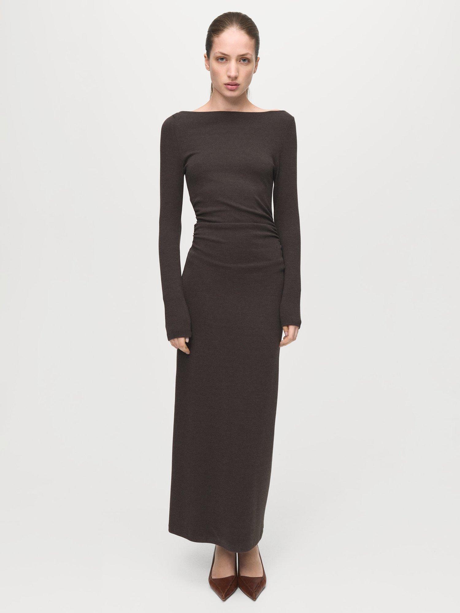 Product image 1 of 8, which shows Mango Basila Ruched Maxi Dress, Brown, 10