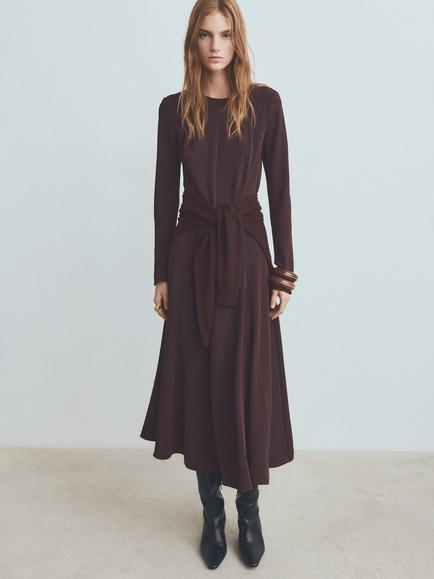 Mango Ruby Godet Midi Dress, Dark Brown, Dark Brown