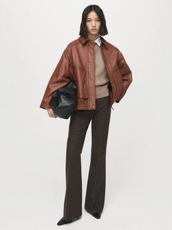 Mango London Oversized Pure Leather Jacket, Dark Brown, Dark Brown