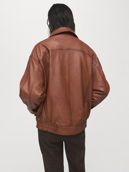 Mango London Oversized Pure Leather Jacket, Dark Brown - view 2, Dark Brown