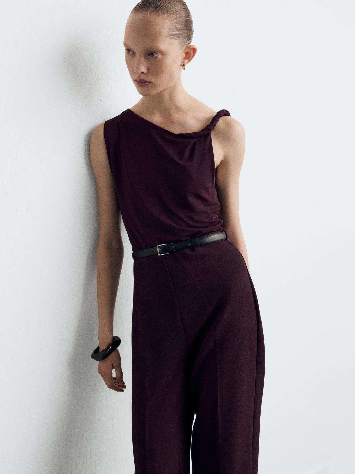 Product image 1 of 7, which shows Mango Alicia Asymmetric Neck Belted Jumpsuit, Dark Red, L