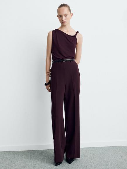 Mango Alicia Asymmetric Neck Belted Jumpsuit, Dark Red - view 2, Dark Red