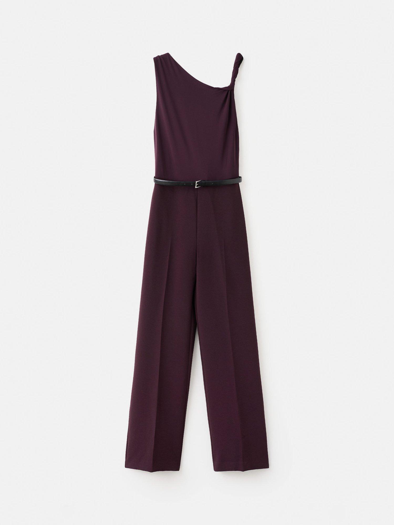 Product image 3 of 7, which shows Mango Alicia Asymmetric Neck Belted Jumpsuit, Dark Red, L