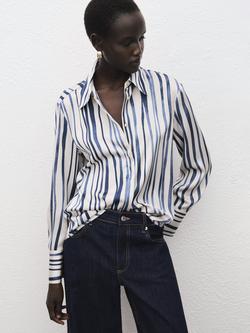 Mango Ideale Stripe Satin Shirt, Navy, Navy