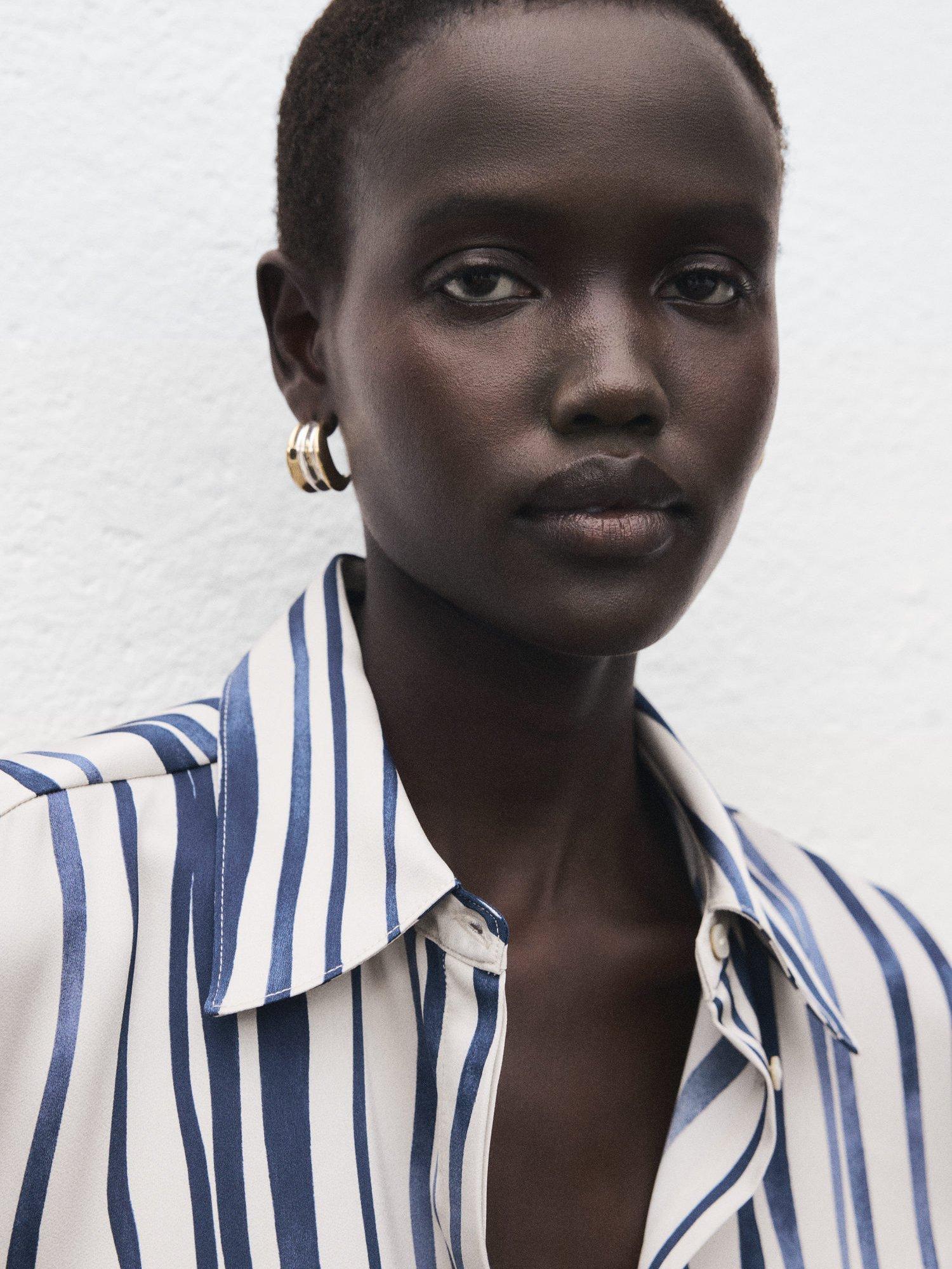 Product image 6 of 8, which shows Mango Ideale Stripe Satin Shirt, Navy, 10