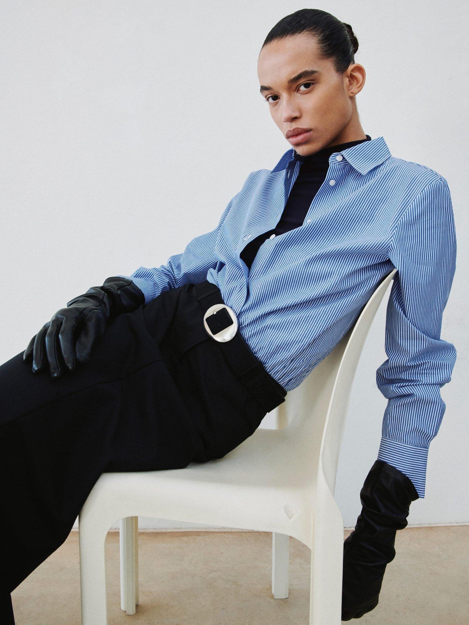 Product image 1 of 8, which shows Mango Regu Stripe Long Sleeve Shirt, Pastel Blue, 10