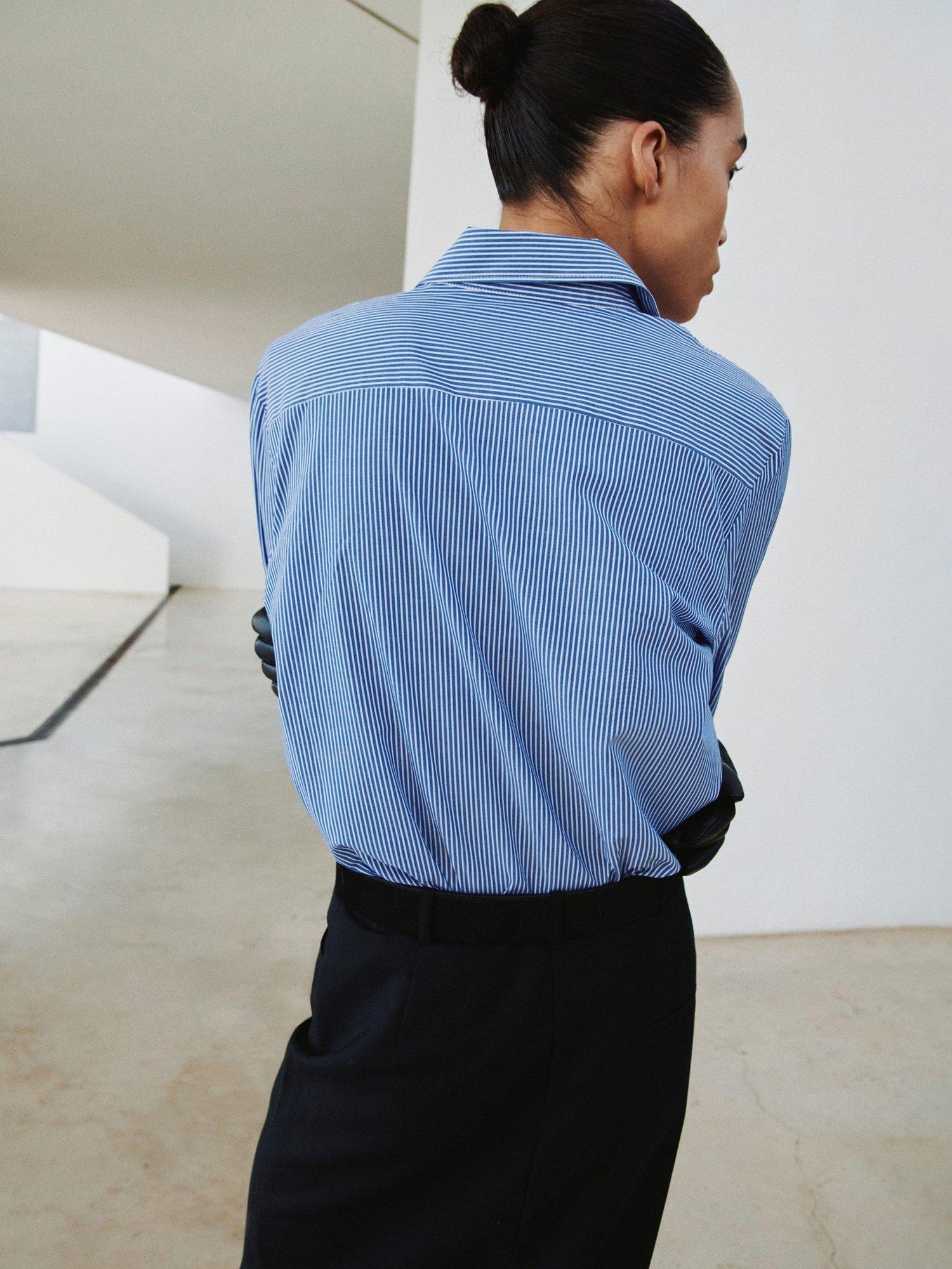 Product image 4 of 8, which shows Mango Regu Stripe Long Sleeve Shirt, Pastel Blue, 10