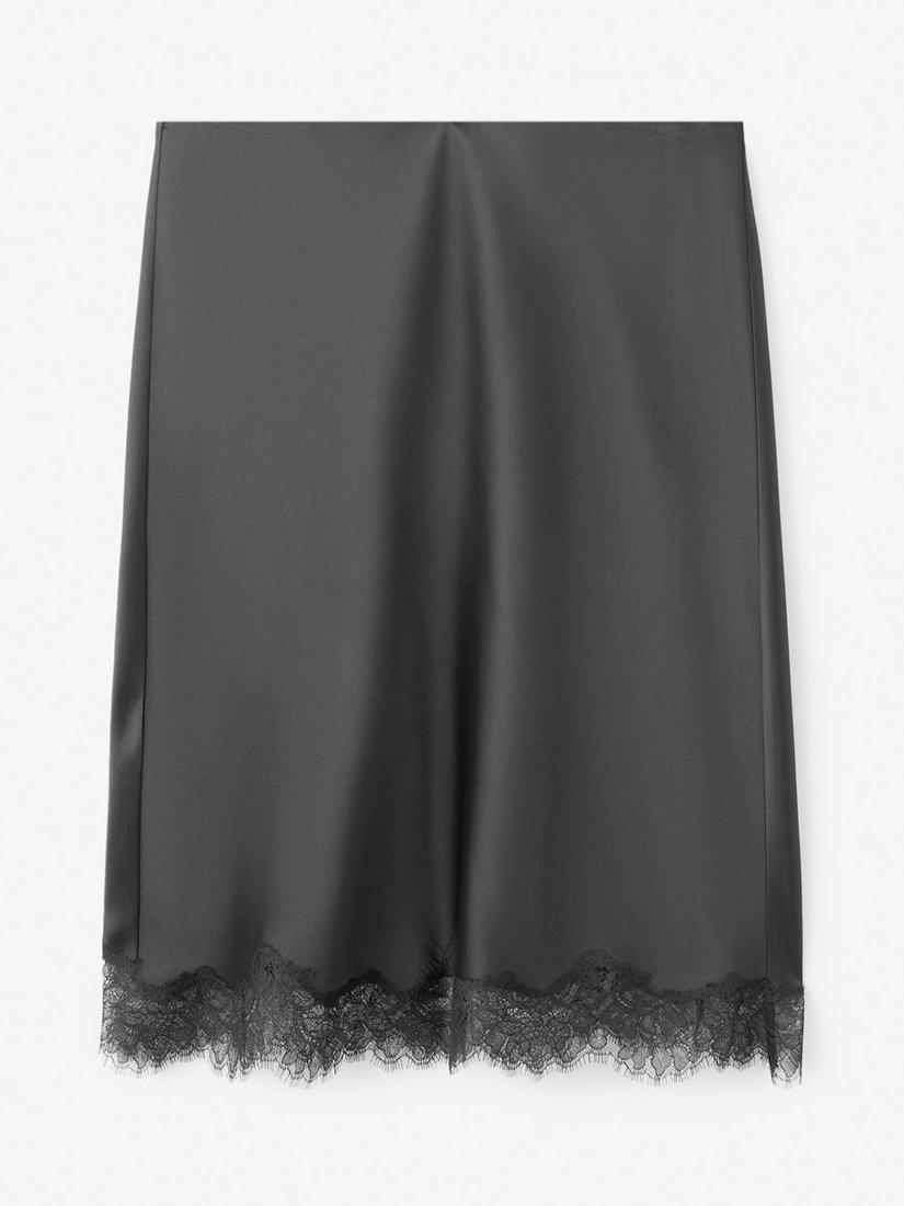 Product image 3 of 8, which shows Mango Selena Lace Trim Satin Skirt, Black, L