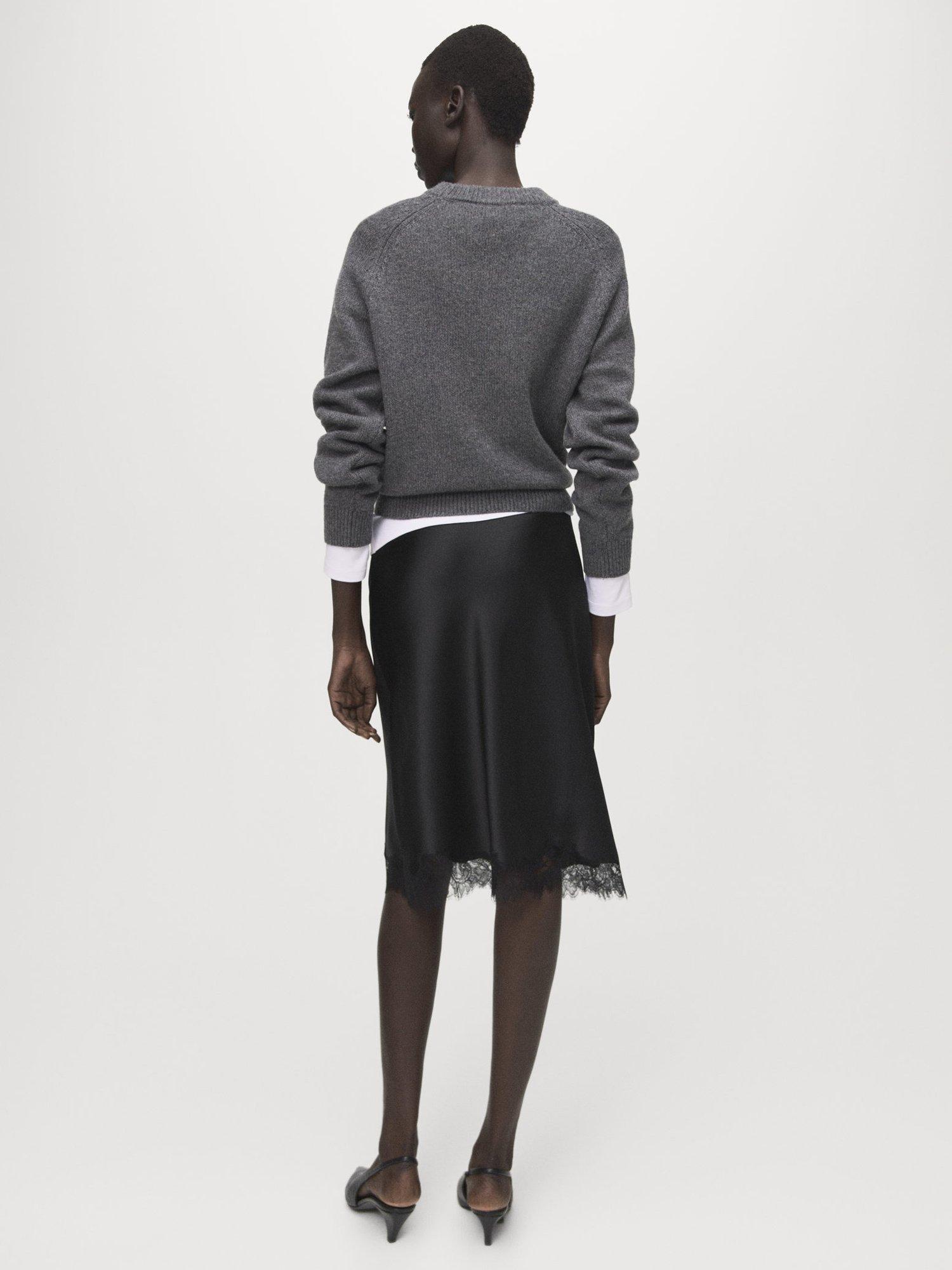 Product image 4 of 8, which shows Mango Selena Lace Trim Satin Skirt, Black, L