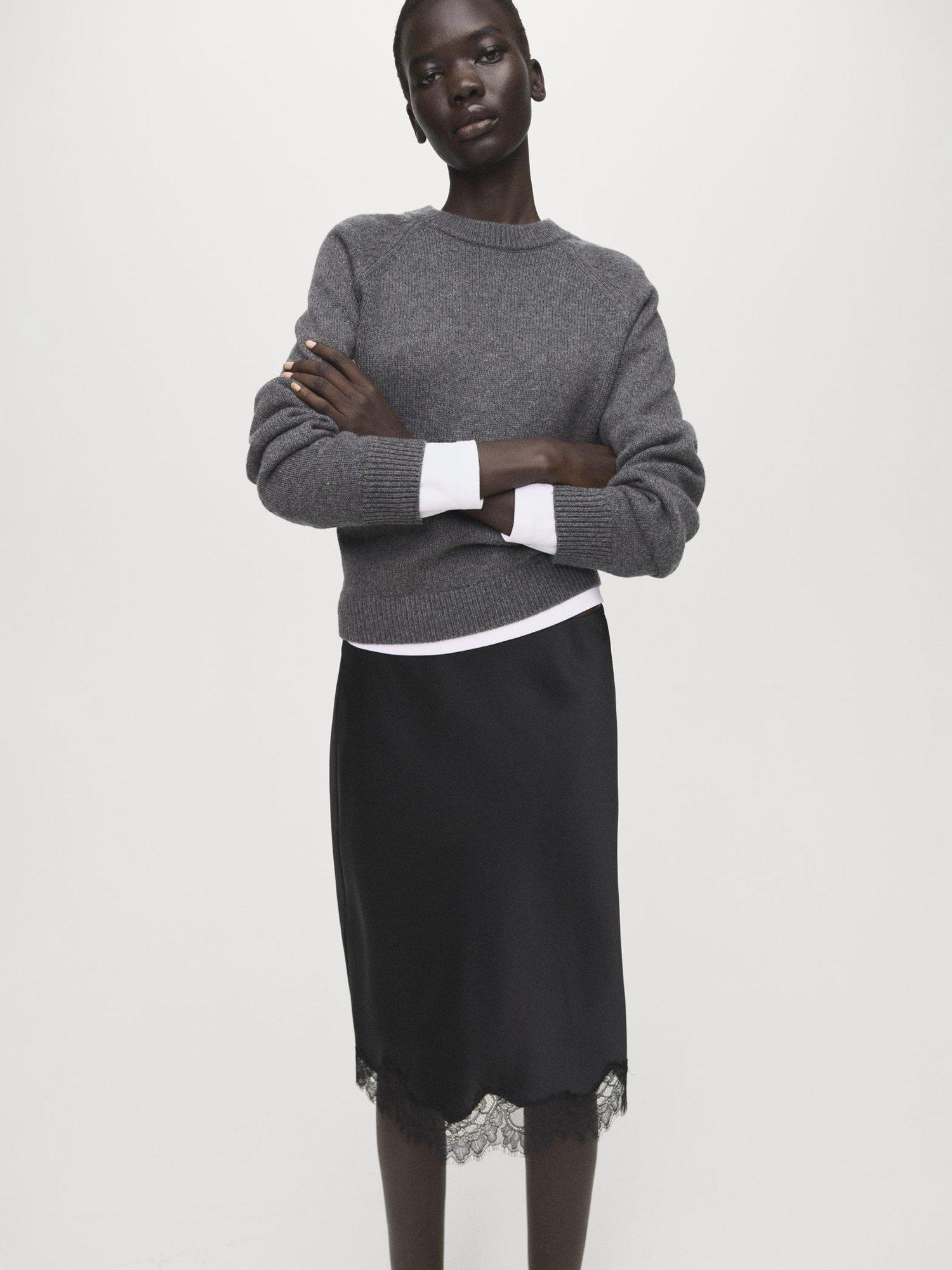 Product image 6 of 8, which shows Mango Selena Lace Trim Satin Skirt, Black, L