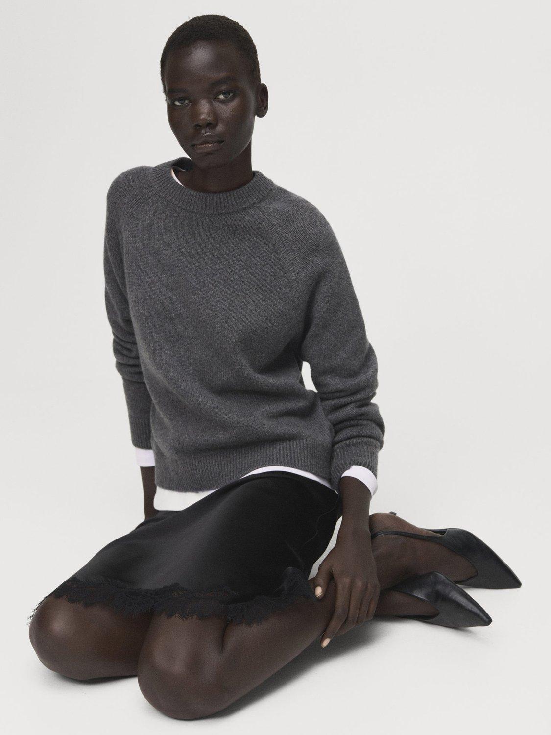 Product image 7 of 8, which shows Mango Selena Lace Trim Satin Skirt, Black, L