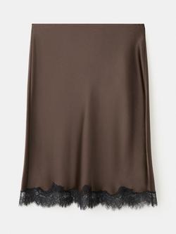 Mango Selena Lace Trim Satin Skirt, Brown, Brown