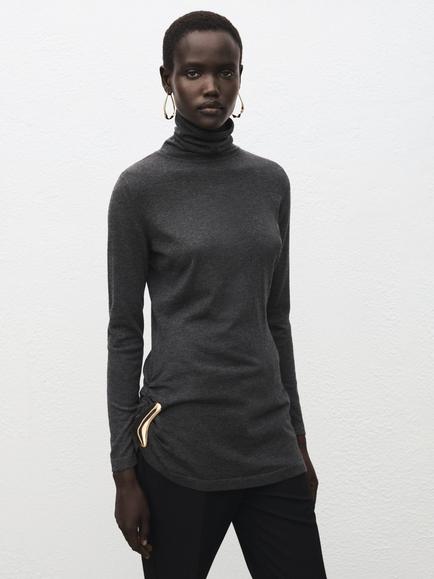 Mango Ana Brooch Detail Turtleneck Jumper, Charcoal, Charcoal