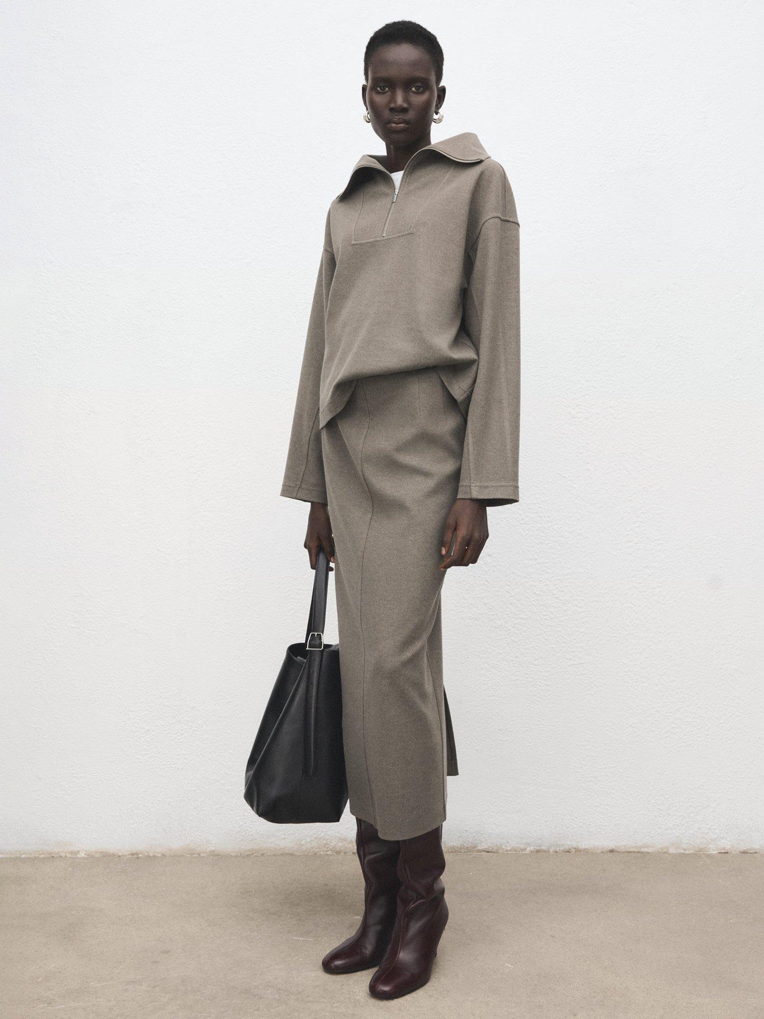 Product image 1 of 8, which shows Mango Chile High Zip Neck Sweatshirt, Medium Brown, XXS